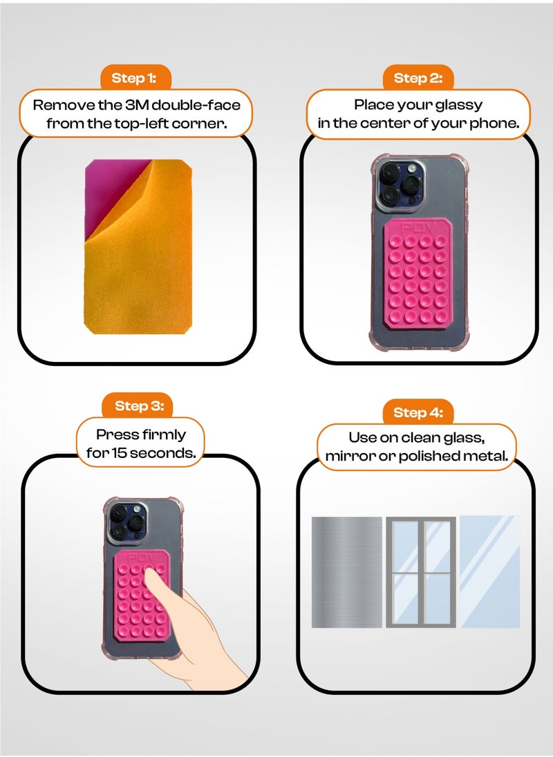 POV - The  Glassy – Phone Grip Sticker for Mirrors & Glass | Sticky Holder Your Phone to Record Videos & Take Selfies - Hot Pink - Image 1
