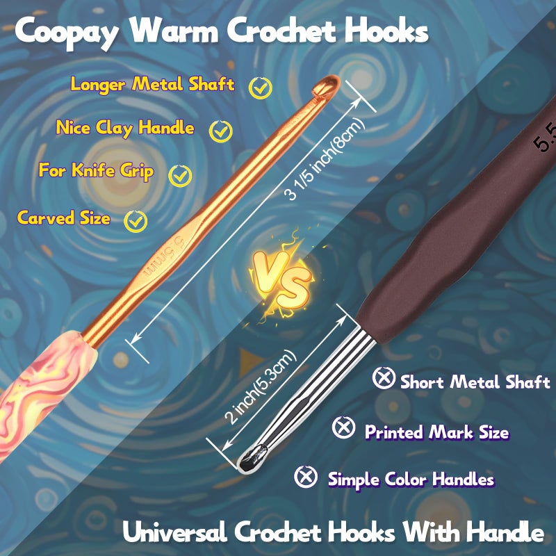 Coopay Warm Crochet Hooks Comfort Grip, Pretty Starry Night Art Handle Crochet Set for Beginners, Longer Aluminum Shaft Crochet Hook Set 2.0mm-6.0mm, Smooth Crochet Needles Set for Crochet Yarn - Image 5