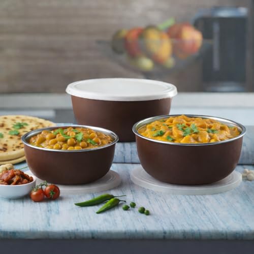 Zaib Stainless Steel Micrwoave Safe Euro Mixing Bowl with Lid for Kitchen Food Stroage Pack of 3 | Capacity: 1250 ML, 750 ML, 500 ML (WL Dark Brown 3) - Image 3