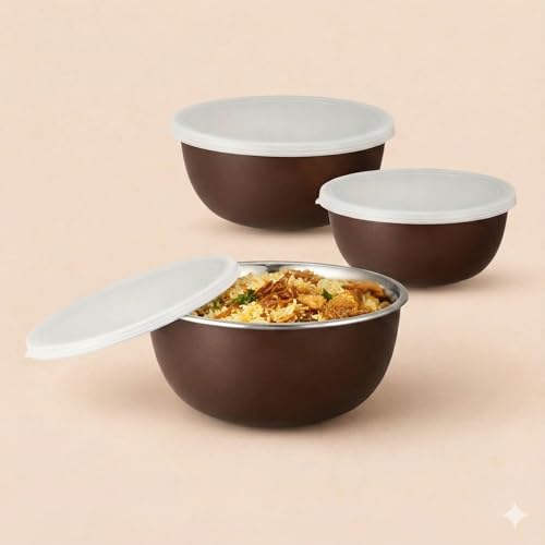 Zaib Stainless Steel Micrwoave Safe Euro Mixing Bowl with Lid for Kitchen Food Stroage Pack of 3 | Capacity: 1250 ML, 750 ML, 500 ML (WL Dark Brown 3) - Image 1