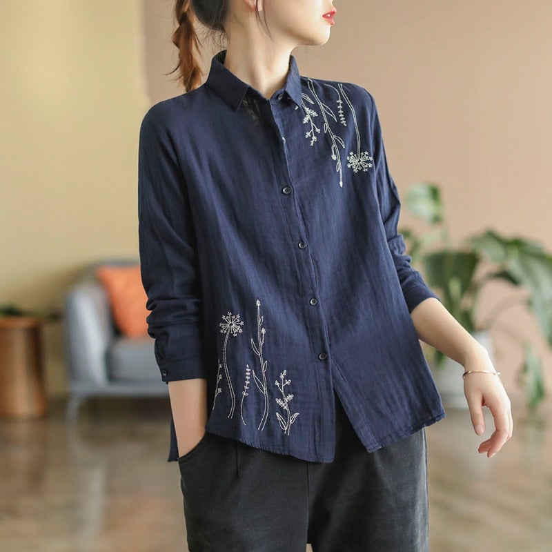 Artistic Vintage 2024 Spring New Cotton and Linen Top Simple Womens Long Sleeve Loose All-match Floral Embroidered Shirt White  - Image 2
