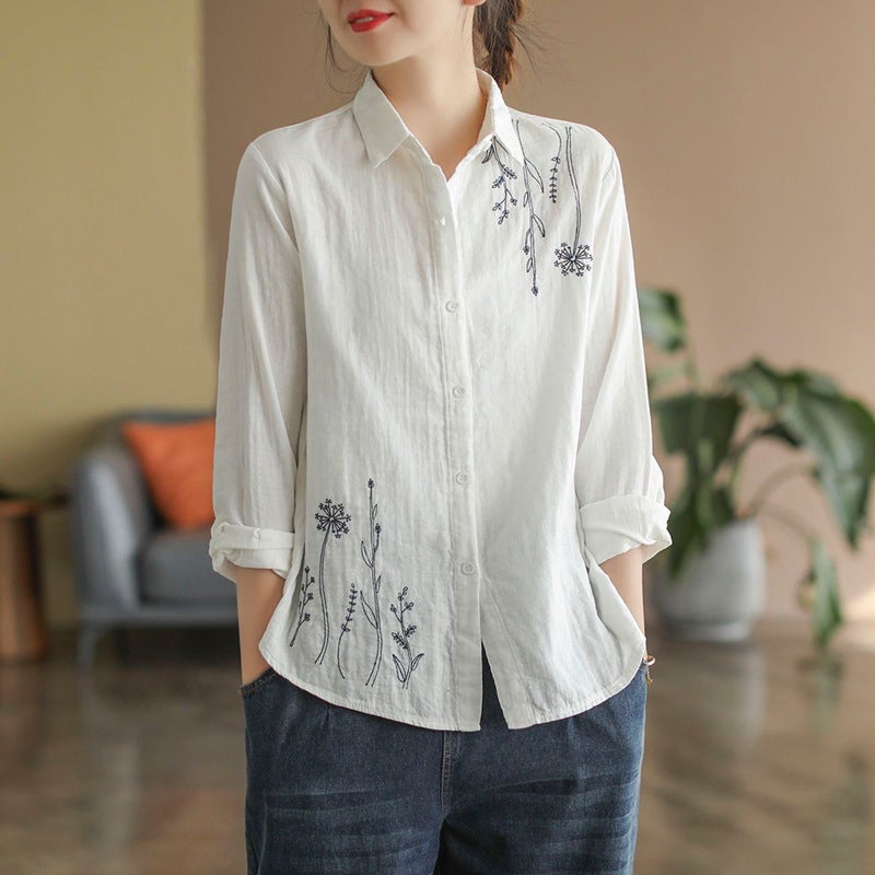 Artistic Vintage 2024 Spring New Cotton and Linen Top Simple Womens Long Sleeve Loose All-match Floral Embroidered Shirt White  - Image 1