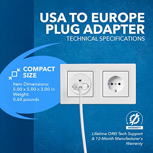 OREI American USA To European plug adapter – Type E/F schuko plug adapter - Use in Germany, France, & more - CE Certified – For Mobile, Laptop & Camera Chargers - 2 Pack - Image 4