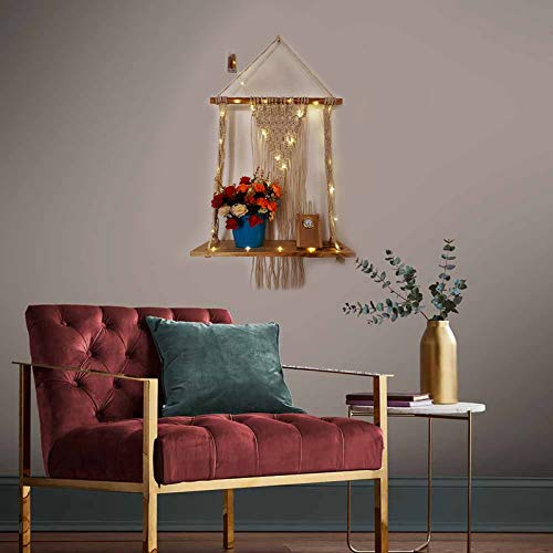 VAH Macrame Knotting Wall Hanging 1 Layer Wall Shelf with LED Light - Image 3