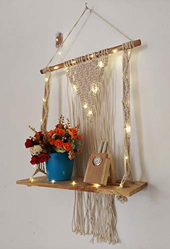 VAH Macrame Knotting Wall Hanging 1 Layer Wall Shelf with LED Light - Image 4
