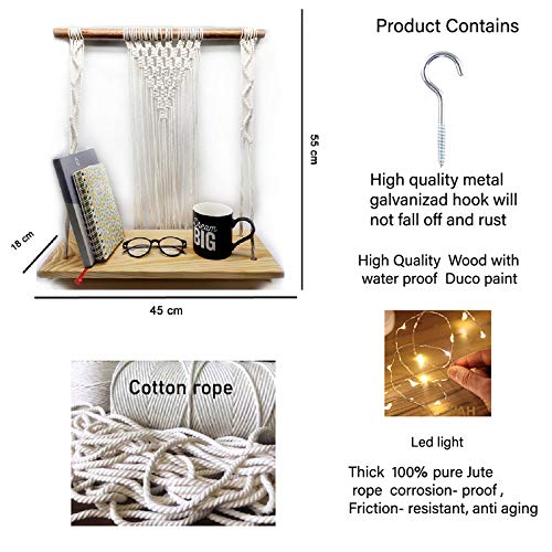 VAH Macrame Knotting Wall Hanging 1 Layer Wall Shelf with LED Light - Image 2