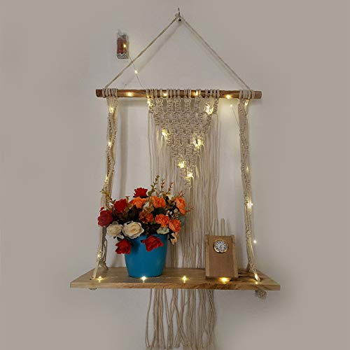 VAH Macrame Knotting Wall Hanging 1 Layer Wall Shelf with LED Light - Image 1