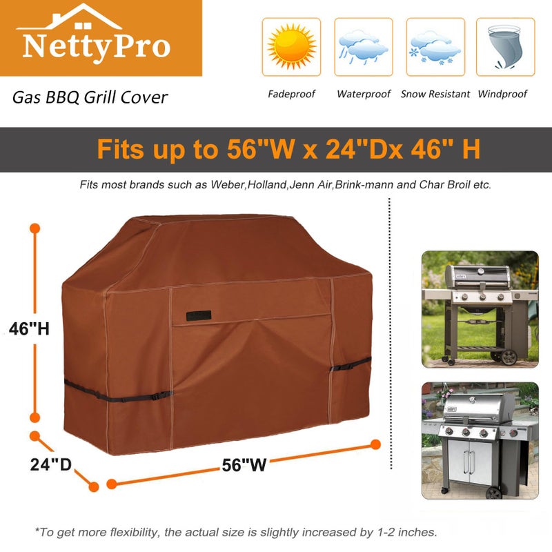 NettyPro BBQ Grill Cover 56 inch Heavy Duty Waterproof Outdoor 2-3 Burners Gas Grill Cover for Outside Weber, Char-Broil, Brinkmann, Nexgrill Barbecue, Brown - Image 5