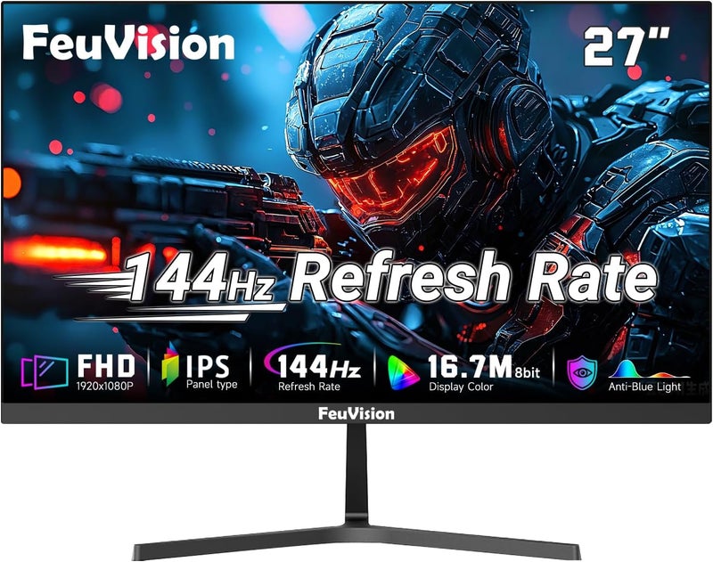شاشة كمبيوتر FeuVision 27 بوصة، دقة FHD 1080p، تردد 144 هرتز، IPS، شاشة مكتبية وألعاب، زمن استجابة 5 مللي ثانية، بدون إطار من ثلاث جهات، فائقة النحافة، قابلة للتركيب على حامل VESA، تصميم مضاد للضوء الأزرق، منافذ HDMI و VGA - Image 1