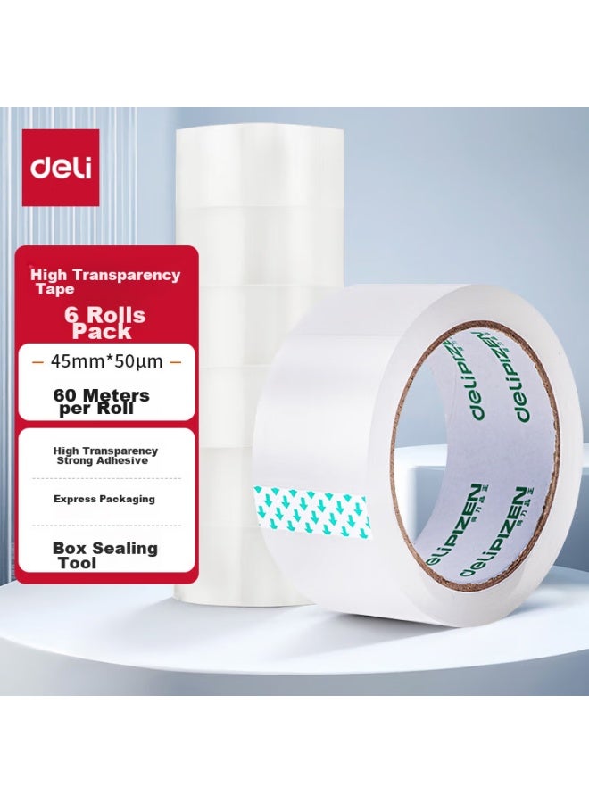 ديلي Deli شريط تغليف شفاف عالي الجودة، 45mm*60m*50um، 6 لفات/أنبوب، مستلزمات مكتبية، 33006 - Image 1