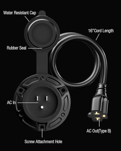 stio 20A 125V AC Port Plug,12AWG Heavy-Duty RV Shore Power Inlet Plug with 5-in-1 T-Blade Adapter & 16'' Extension Cord,Waterproof AC Power Inlet Socket Outlet Box Integrated Outdoor Electrical Receptacle - Image 3
