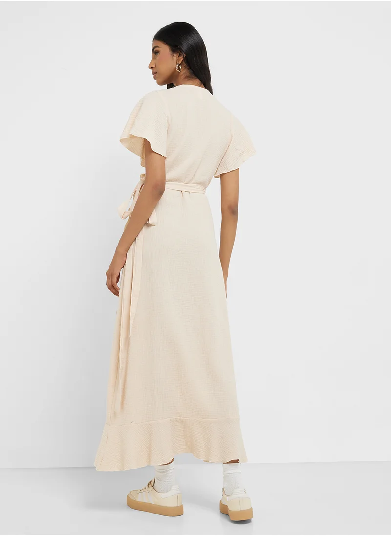 جينجر Flounce Sleeve Wrap Dress With Slit
