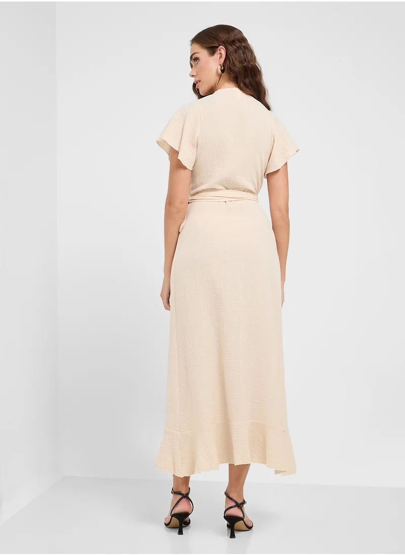 جينجر Flounce Sleeve Wrap Dress With Slit