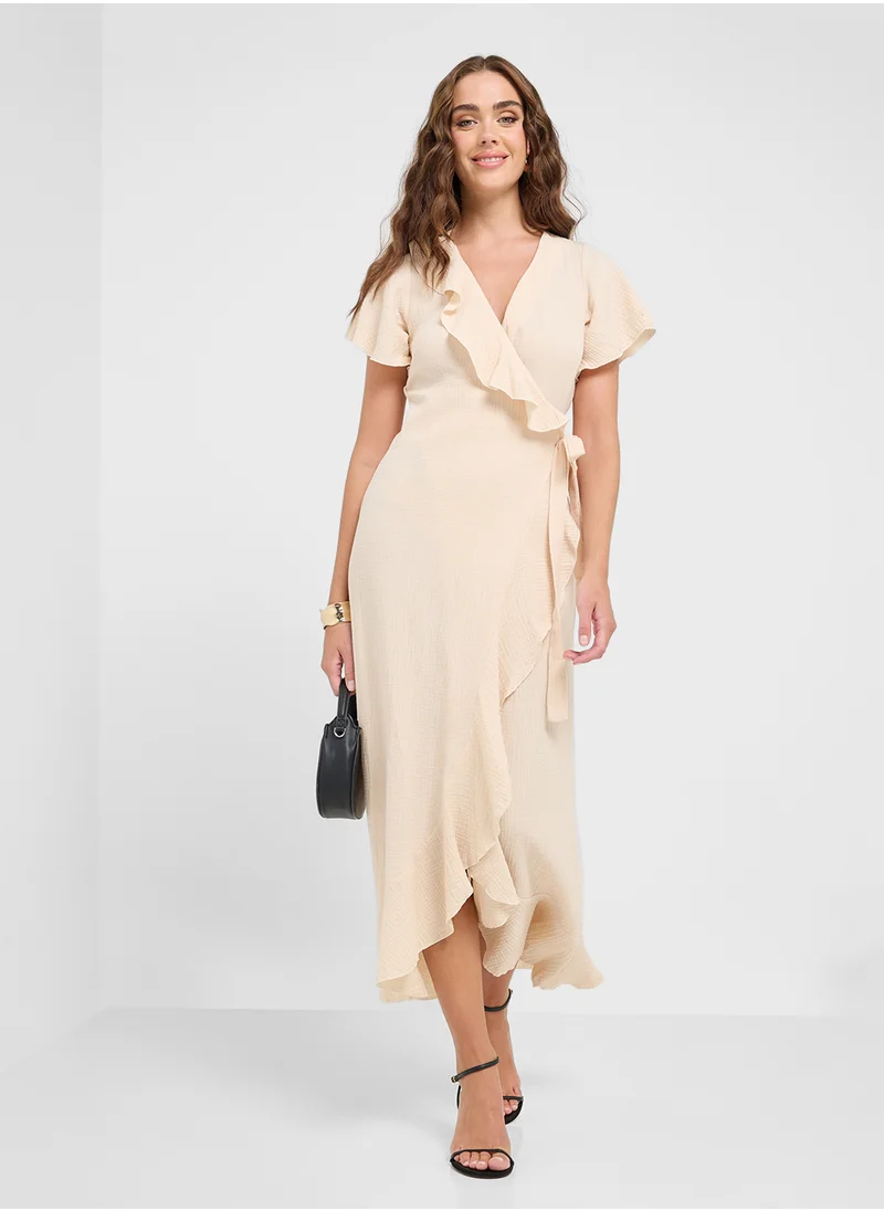 جينجر Flounce Sleeve Wrap Dress With Slit