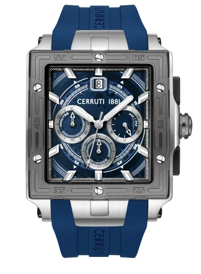 شيروتي 1881 Men's Cerruti 1881 Odissea Chronograph Watch for Men - Square Case, Blue Smoke Dial with Date Disc, Blue Silicone Strap