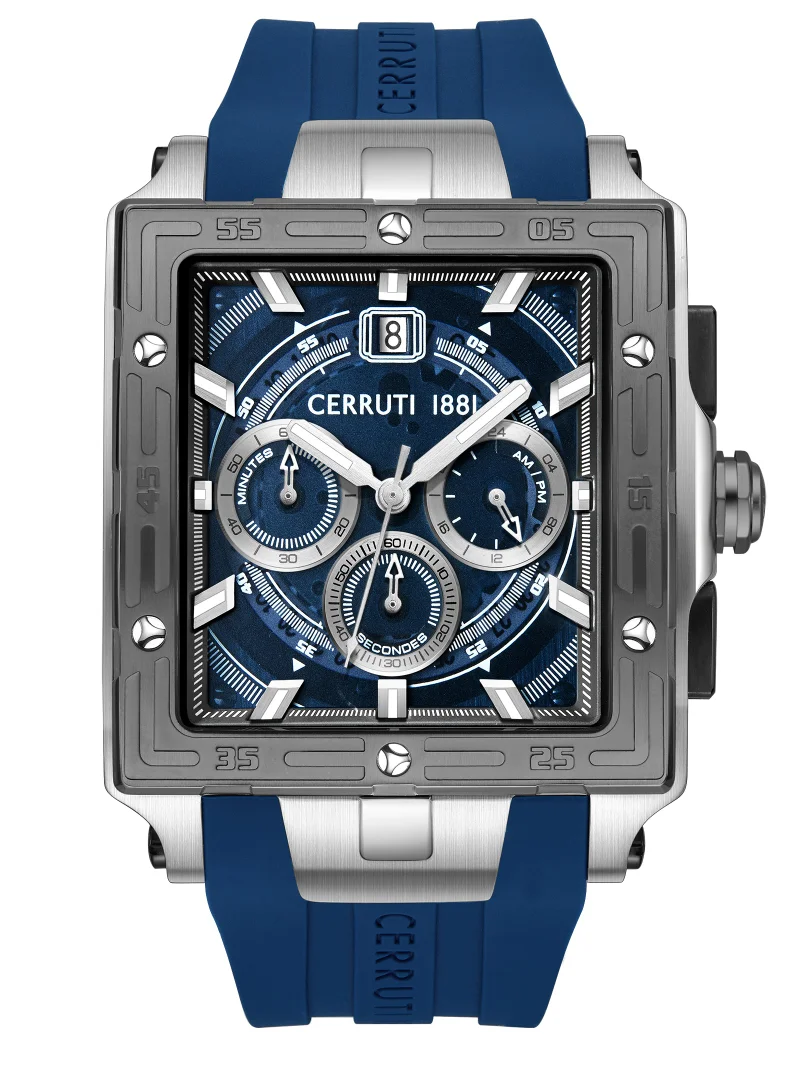 شيروتي 1881 Cerruti 1881 Odissea Chronograph Watch for Men - Square Case, Blue Smoke Dial with Date Disc, Blue Silicone Strap