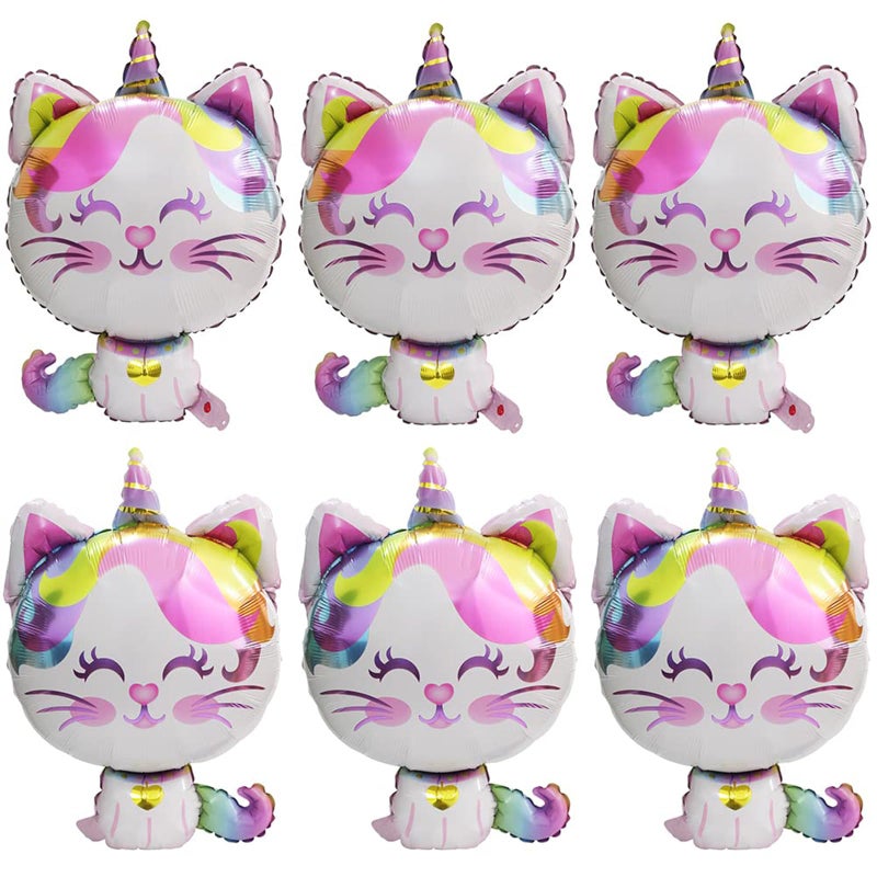 Paporich Pet Animal Unicorn Cat Balloons Caticorn Aluminum Balloons Party Supplies Birthday Decorations Baby Shower 3D Rainbow Kitty Cat Helium Mylar Foil Balloons with Ribbon Pack of 6 - Image 2