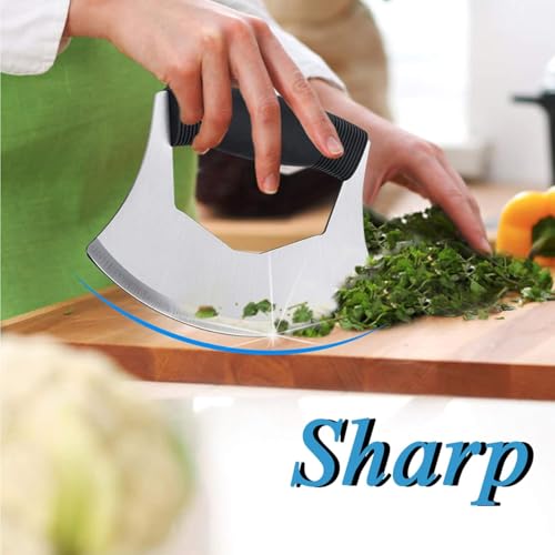 HARI Yoo-Neek- Pizza Cutter - Sharp Rocker Slicer Stainless Steel Blade as Mezzaluna Chef Knife Salad Vegetable Chopper with Protective Cover - Ergonomic Anti-Slip Handle - Image 4