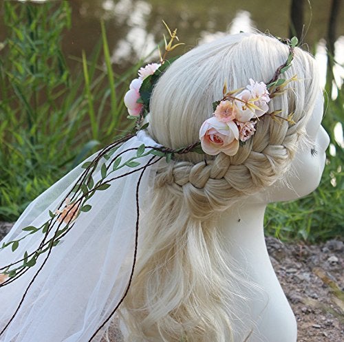 BUUEERR Bueer Flower Wreath Headband Crown Floral Garland Boho for Festival Wedding with Veil, Medium - Image 3