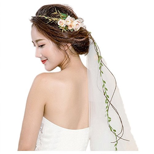BUUEERR Bueer Flower Wreath Headband Crown Floral Garland Boho for Festival Wedding with Veil, Medium - Image 1