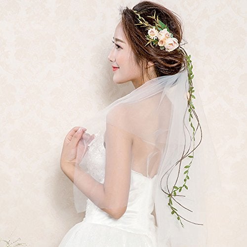 BUUEERR Bueer Flower Wreath Headband Crown Floral Garland Boho for Festival Wedding with Veil, Medium - Image 2