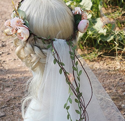 BUUEERR Bueer Flower Wreath Headband Crown Floral Garland Boho for Festival Wedding with Veil, Medium - Image 4