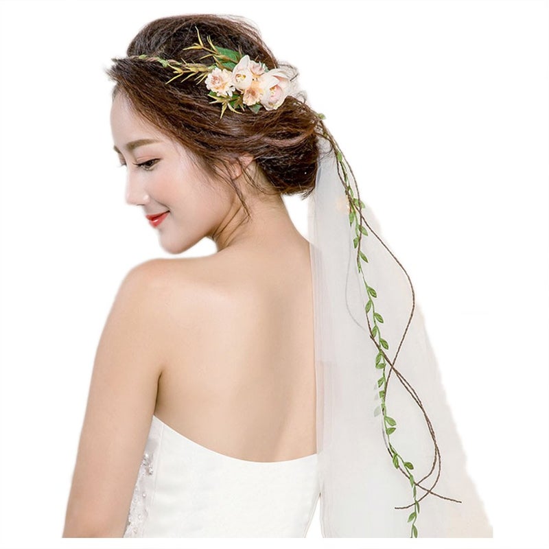 BUUEERR Bueer Flower Wreath Headband Crown Floral Garland Boho for Festival Wedding with Veil, Medium - Image 5