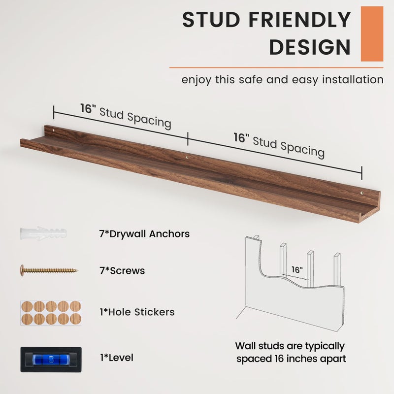 FLYJOE Picture Ledge Shelf, Floating Shelves Set of 2, 48 Inches Long Large Nursery Book Shelves for Toys Storage, Kids Bookshelf Wall Mounted for Living Room Bedroom Decor Books Photo Frames, Walnut - Image 5