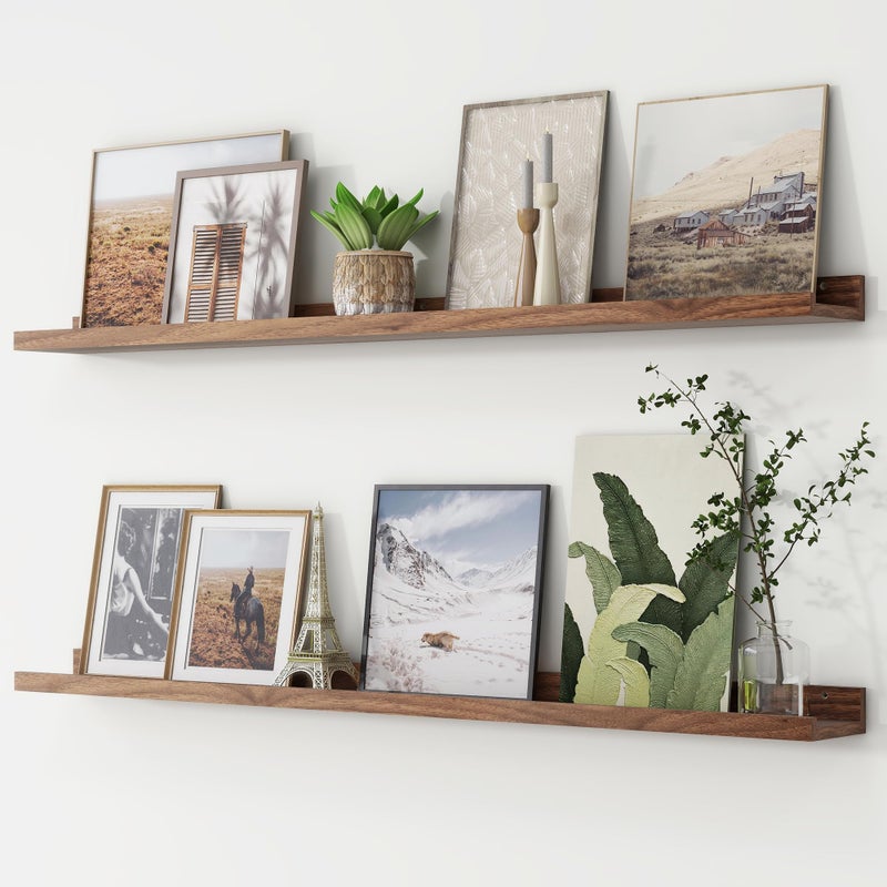 FLYJOE Picture Ledge Shelf, Floating Shelves Set of 2, 48 Inches Long Large Nursery Book Shelves for Toys Storage, Kids Bookshelf Wall Mounted for Living Room Bedroom Decor Books Photo Frames, Walnut - Image 1