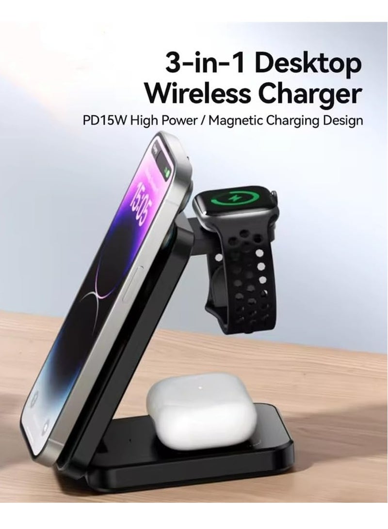 2025 Upgraded 3 in 1 Magnetic Wireless Charger Stand, Foldable Fast Wireless Charging Station，magsafe charger Compatible for iPhone 16/15/14/13/12 Series, Apple Watch & AirPods – Travel Charger Dock - Image 3