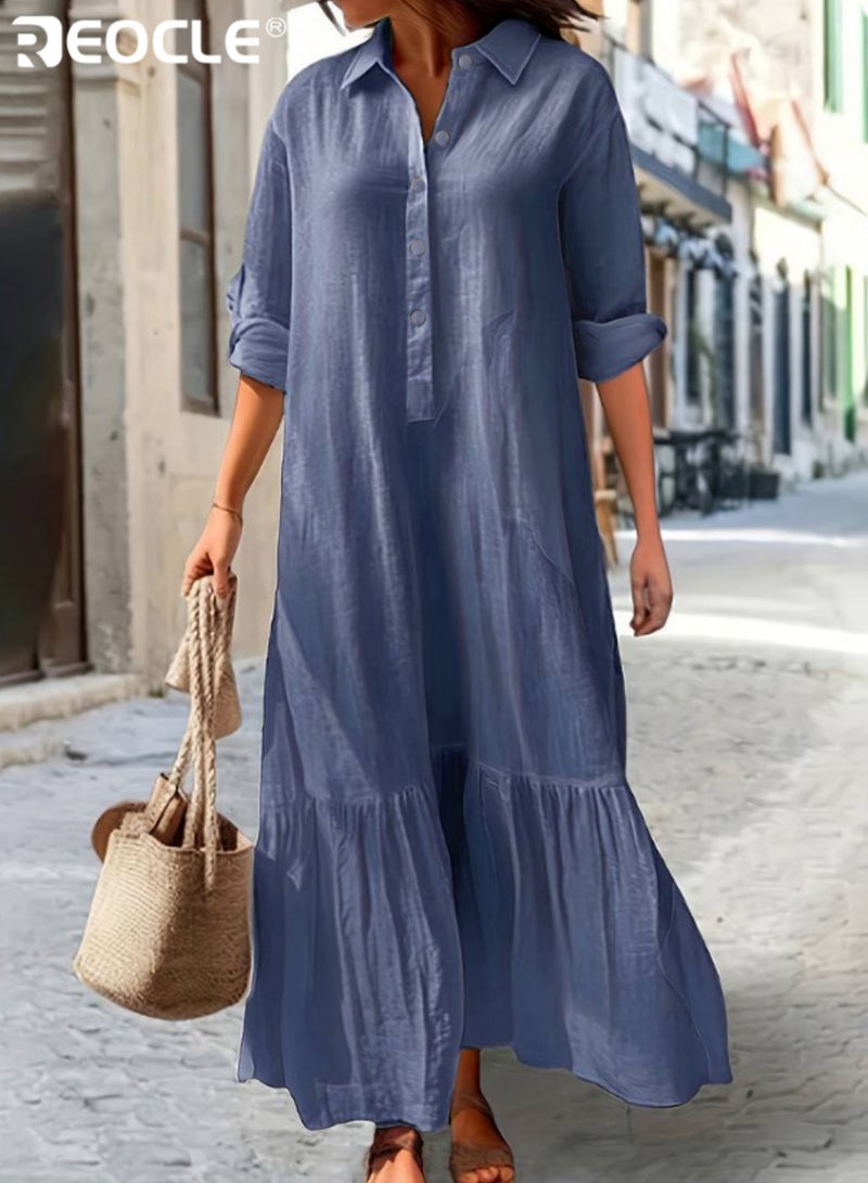 ريوكل فستان نسائي بأزرار للأسفل، فستان كاجوال من القطن والكتان بأكمام طويلة، فستان قميص فضفاض بكشكشة، فستان طويل مريح - Image 1