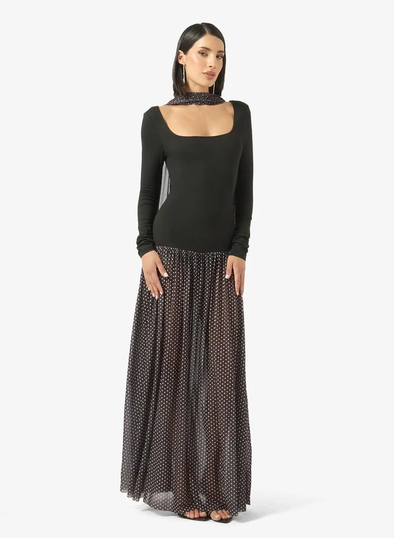 Ginger Square Neck Dropwaist Dress with Scarf