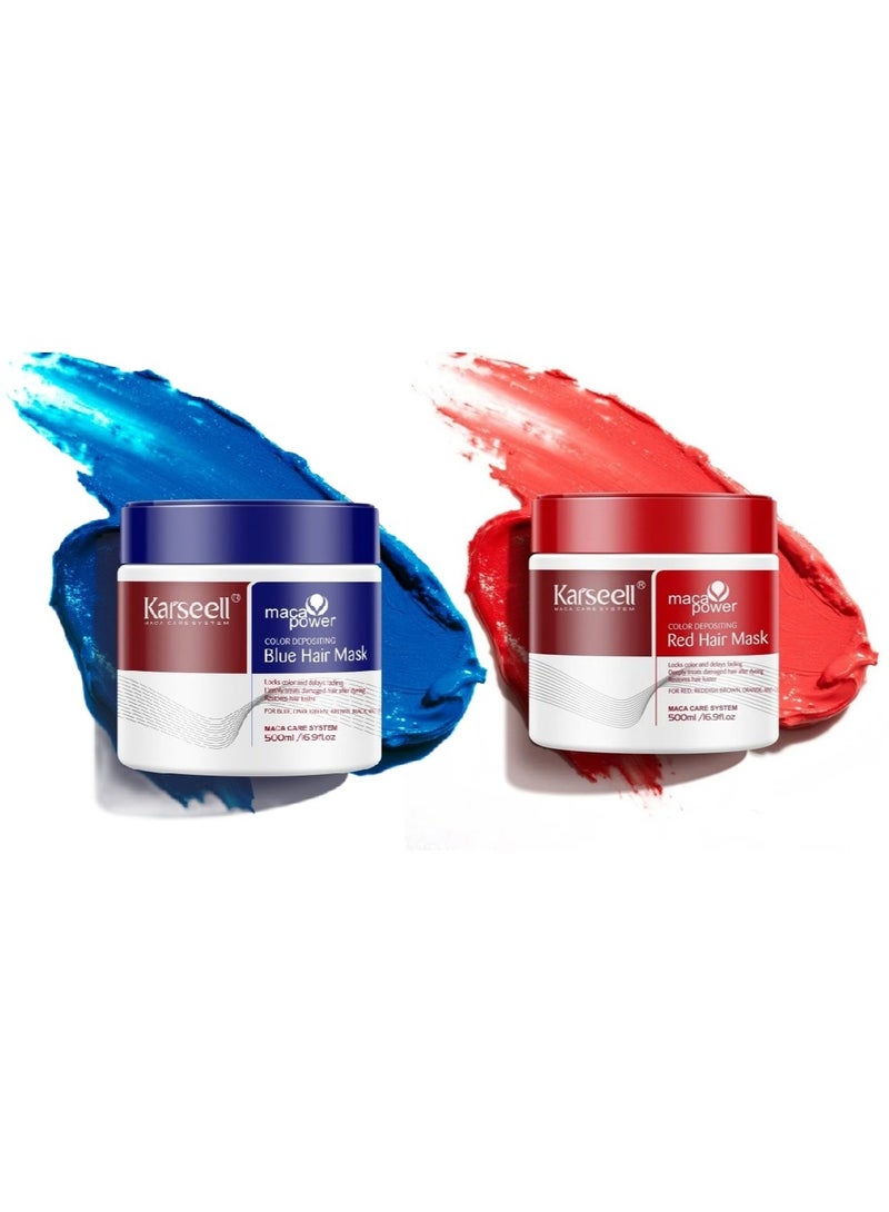 Karseell Color Hair Mask Set 2 Pcs | Blue & Red Depositing Hair Masks 500ml Each | Color Boosting & Hydrating Treatment for Color-Treated Hair | Vibrant, Soft & Shiny Hair - Image 1