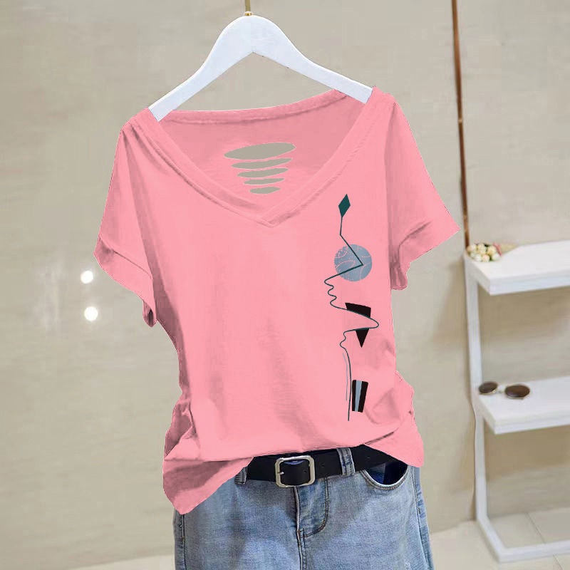 Pure Cotton V-Neck Short-Sleeved T-Shirt Women'S Summer Thin Korean Style Slim-Fit Printed Elegant Niche T-Shirt - Image 1