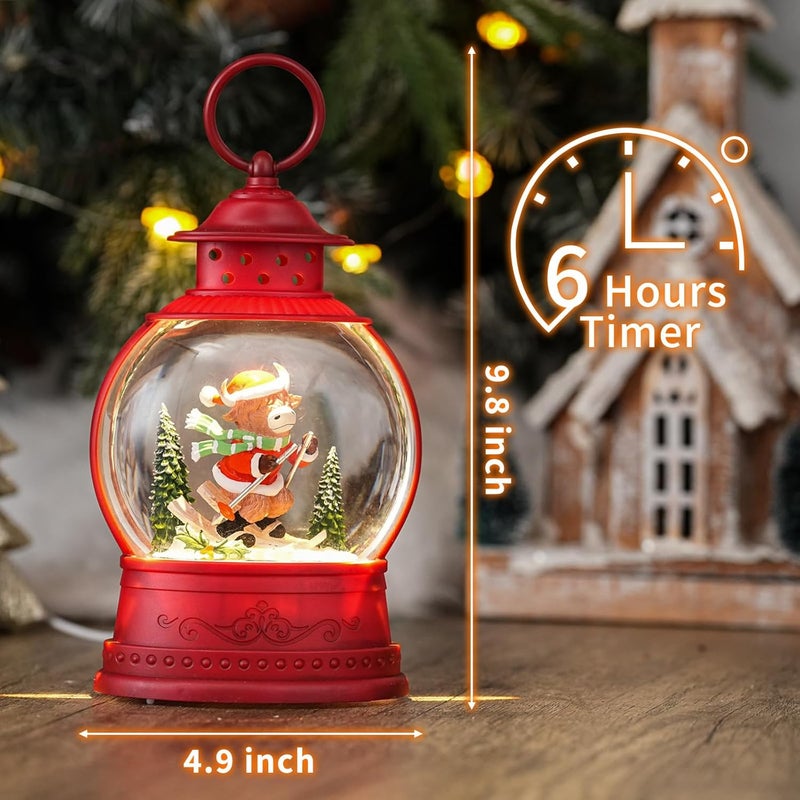 PestiLite Christmas Snow Globes Skiing Highland Cow Decor Holiday Music Lantern with Glittering & 6-Hour Timer, USB/Battery Powered Red Christmas Decorations Indoor for Desk Display - Image 5