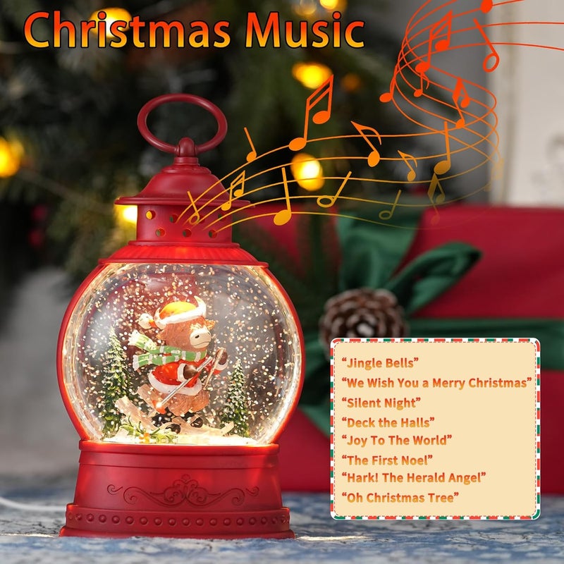 PestiLite Christmas Snow Globes Skiing Highland Cow Decor Holiday Music Lantern with Glittering & 6-Hour Timer, USB/Battery Powered Red Christmas Decorations Indoor for Desk Display - Image 3
