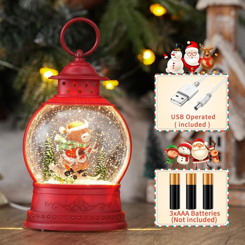 PestiLite Christmas Snow Globes Skiing Highland Cow Decor Holiday Music Lantern with Glittering & 6-Hour Timer, USB/Battery Powered Red Christmas Decorations Indoor for Desk Display - Image 4