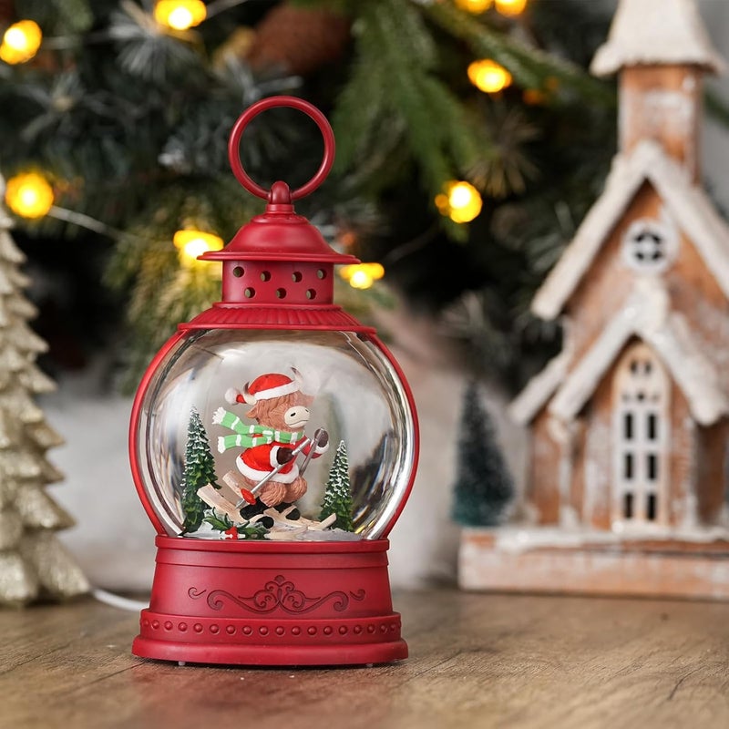 PestiLite Christmas Snow Globes Skiing Highland Cow Decor Holiday Music Lantern with Glittering & 6-Hour Timer, USB/Battery Powered Red Christmas Decorations Indoor for Desk Display - Image 2