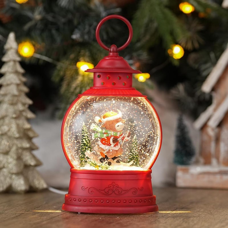 PestiLite Christmas Snow Globes Skiing Highland Cow Decor Holiday Music Lantern with Glittering & 6-Hour Timer, USB/Battery Powered Red Christmas Decorations Indoor for Desk Display - Image 1
