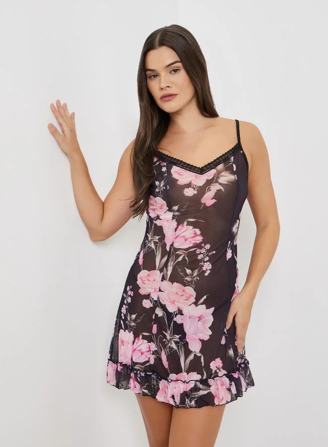 Styli Floral Print Ruffle Hem Babydoll with Brief