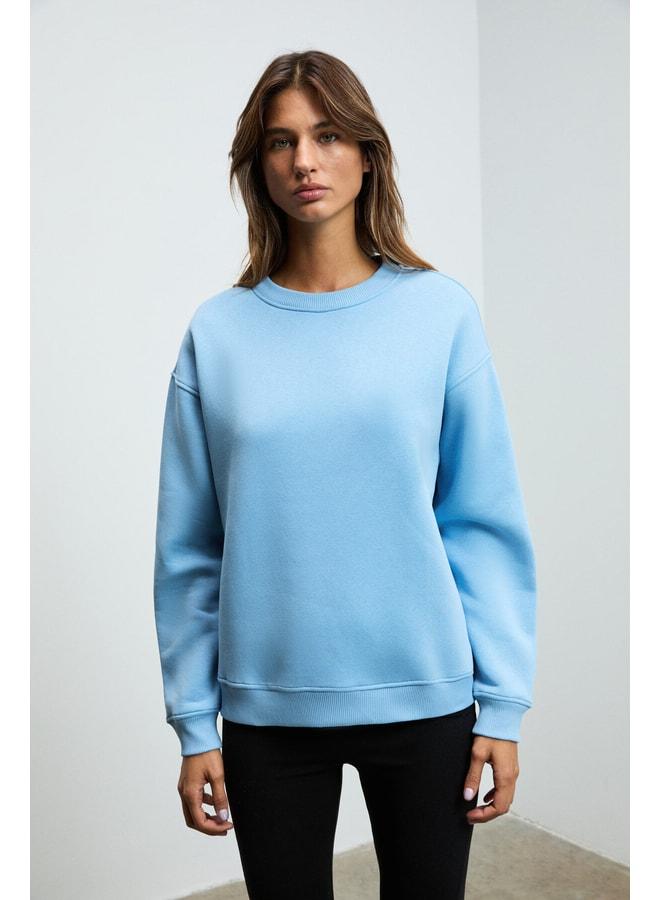 GRIMELANGE SUSANA Women's Crew Neck Fleece-Lined Oversize Fit Basic Blue Sweatshirt. - Image 3