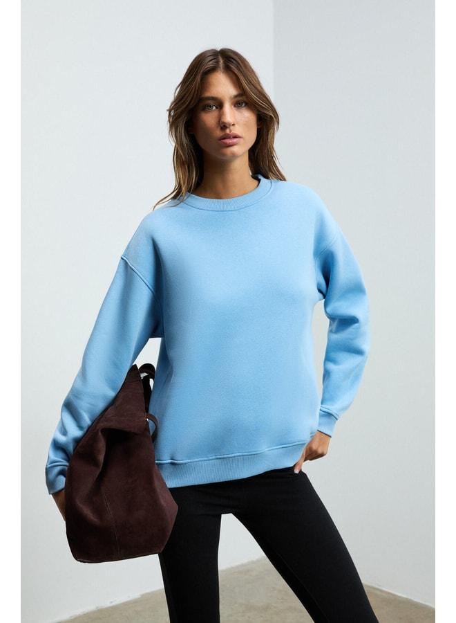GRIMELANGE SUSANA Women's Crew Neck Fleece-Lined Oversize Fit Basic Blue Sweatshirt. - Image 1