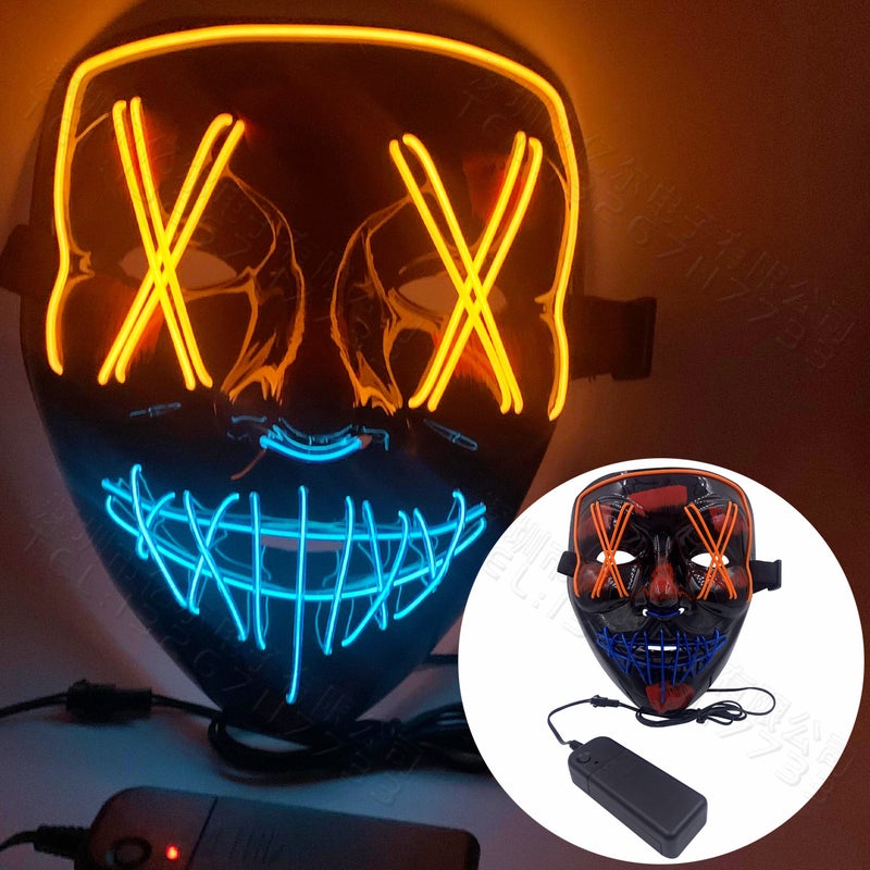 قناع LED مضيء بضوء EL البارد، بتصميم V أسود للحفلات