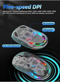 UCHUANG Wireless Gaming Mouse ,Tri-Mode PC Gaming Mice 2.4G/Bluetooth/Wired,Noiseless Mouse RGB Backlit,Transparent Shell, Multimedia Side Keys,5-Speed DPI (1200-3600),for Win/MAC,Grey  - Image 3