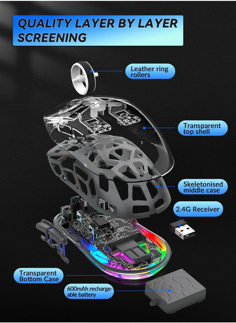 UCHUANG - Wireless Gaming Mouse ,Tri-Mode PC Gaming Mice 2.4G/Bluetooth/Wired,Noiseless Mouse RGB Backlit,Transparent Shell, Multimedia Side Keys,5-Speed DPI (1200-3600),for Win/MAC,Grey - Image 1