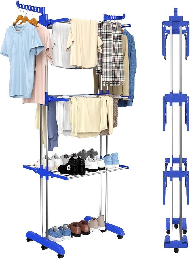 DecoLogy Steel Premium Stainless Steel Clothes Drying Stand with Wheels | Portable 3 Layer Rack for Balcony | Foldable Wings | 360 Rotating Hook for Hangers (Light Blue, 3-Tier) - Image 1