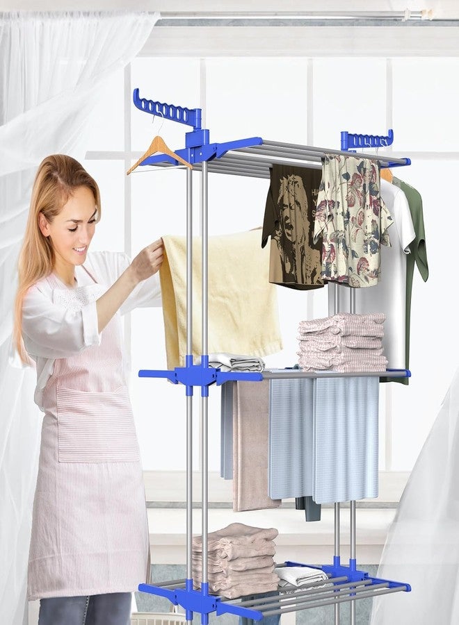 DecoLogy Steel Premium Stainless Steel Clothes Drying Stand with Wheels | Portable 3 Layer Rack for Balcony | Foldable Wings | 360 Rotating Hook for Hangers (Light Blue, 3-Tier) - Image 3