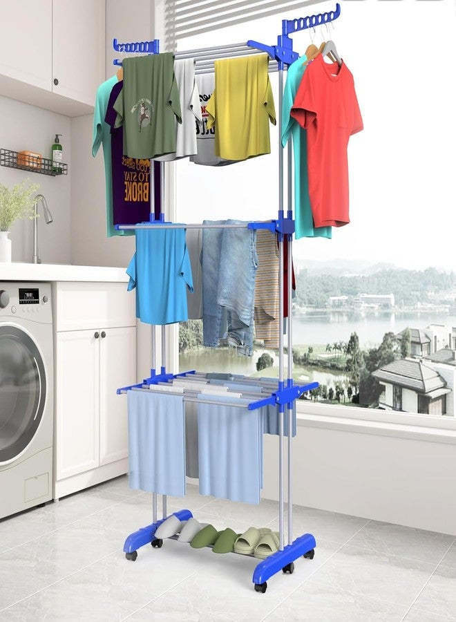 DecoLogy Steel Premium Stainless Steel Clothes Drying Stand with Wheels | Portable 3 Layer Rack for Balcony | Foldable Wings | 360 Rotating Hook for Hangers (Light Blue, 3-Tier) - Image 4