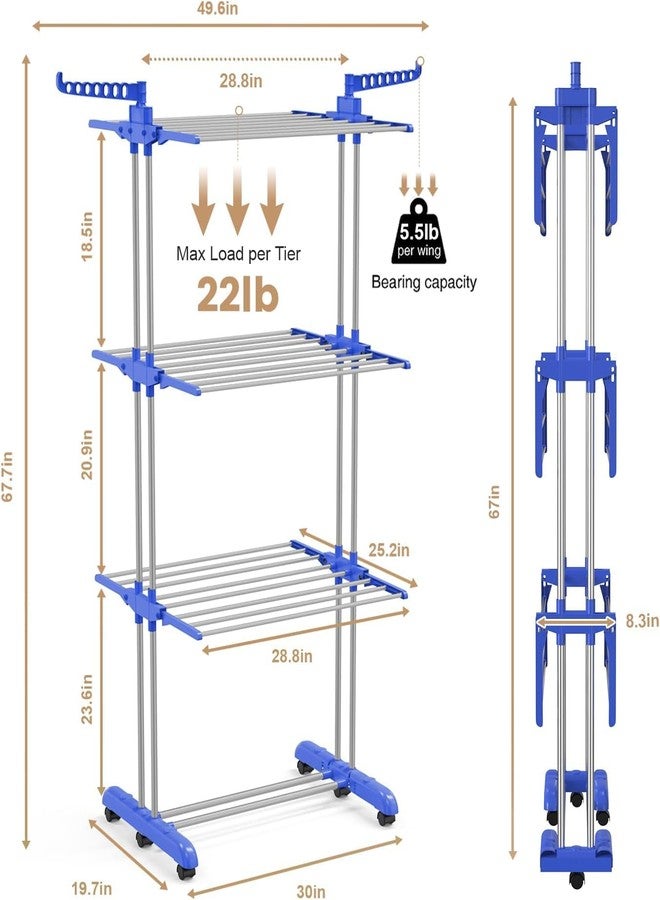 DecoLogy Steel Premium Stainless Steel Clothes Drying Stand with Wheels | Portable 3 Layer Rack for Balcony | Foldable Wings | 360 Rotating Hook for Hangers (Light Blue, 3-Tier) - Image 5