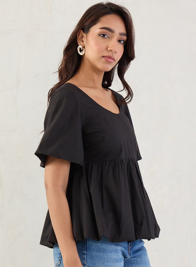 Femmella Black Poplin Peplum Hem Top - Image 3